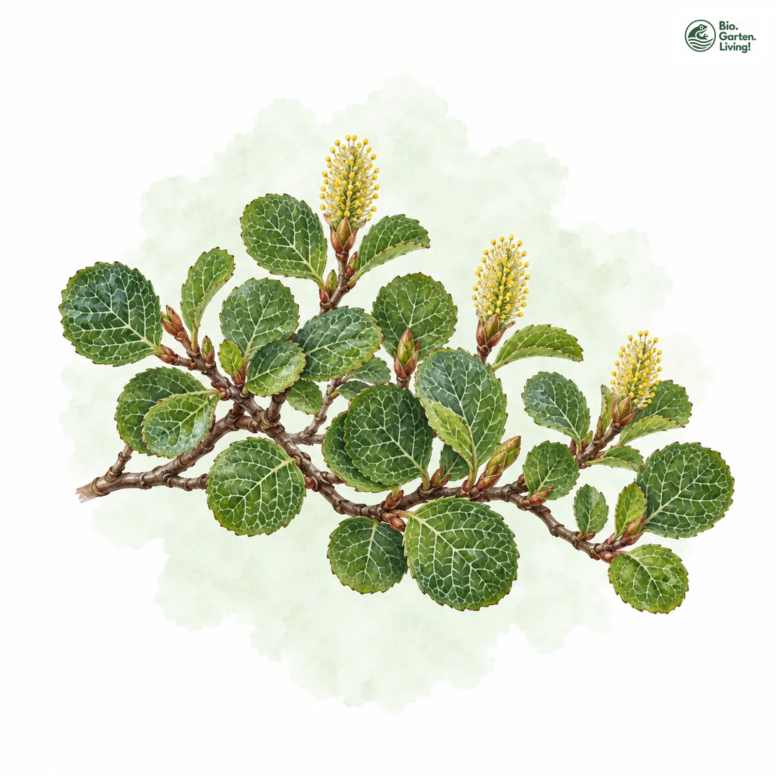 Aquarellzeichnung: Netz-Weide (Salix reticulata)