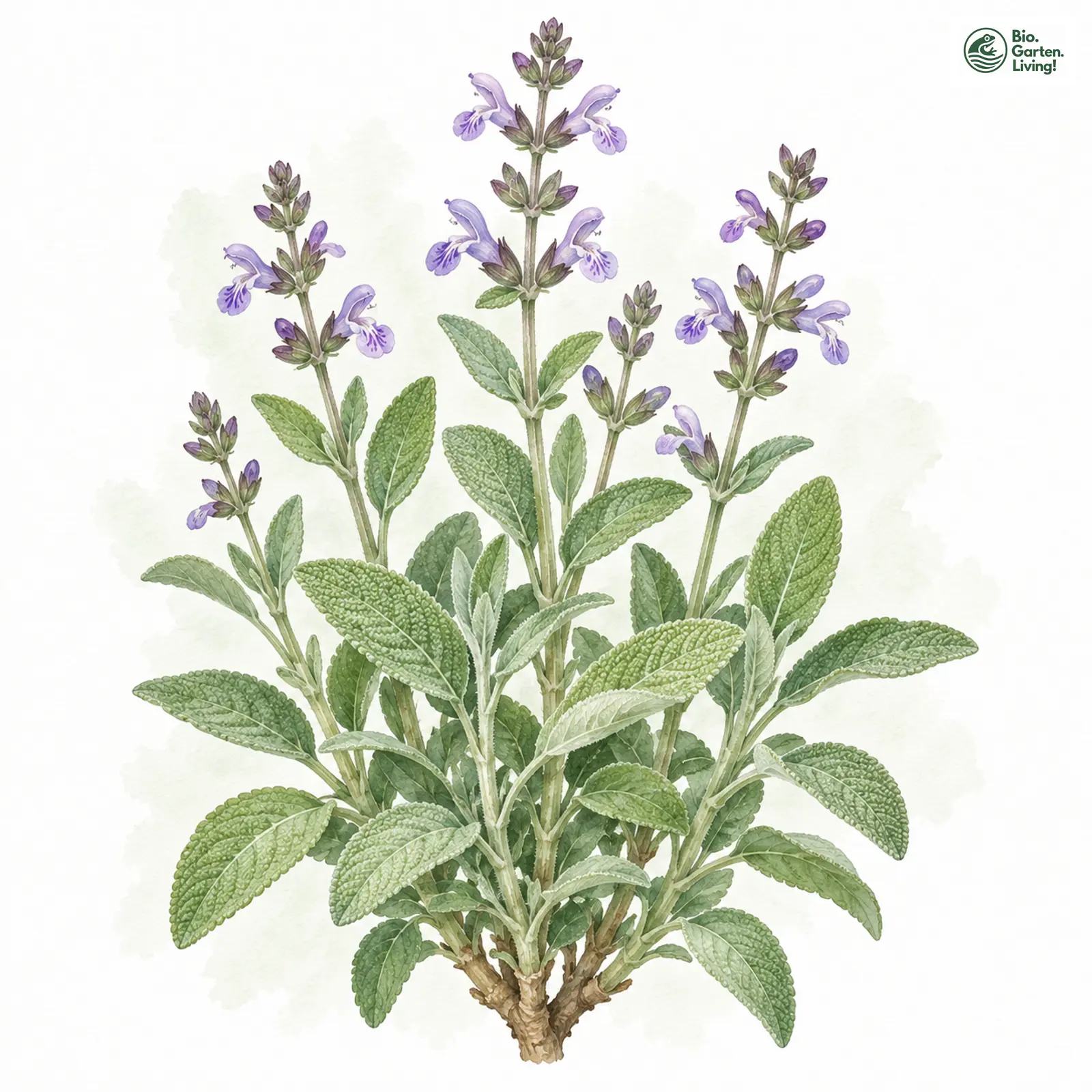 Aquarellzeichnung: Echter Salbei (Salvia officinalis)