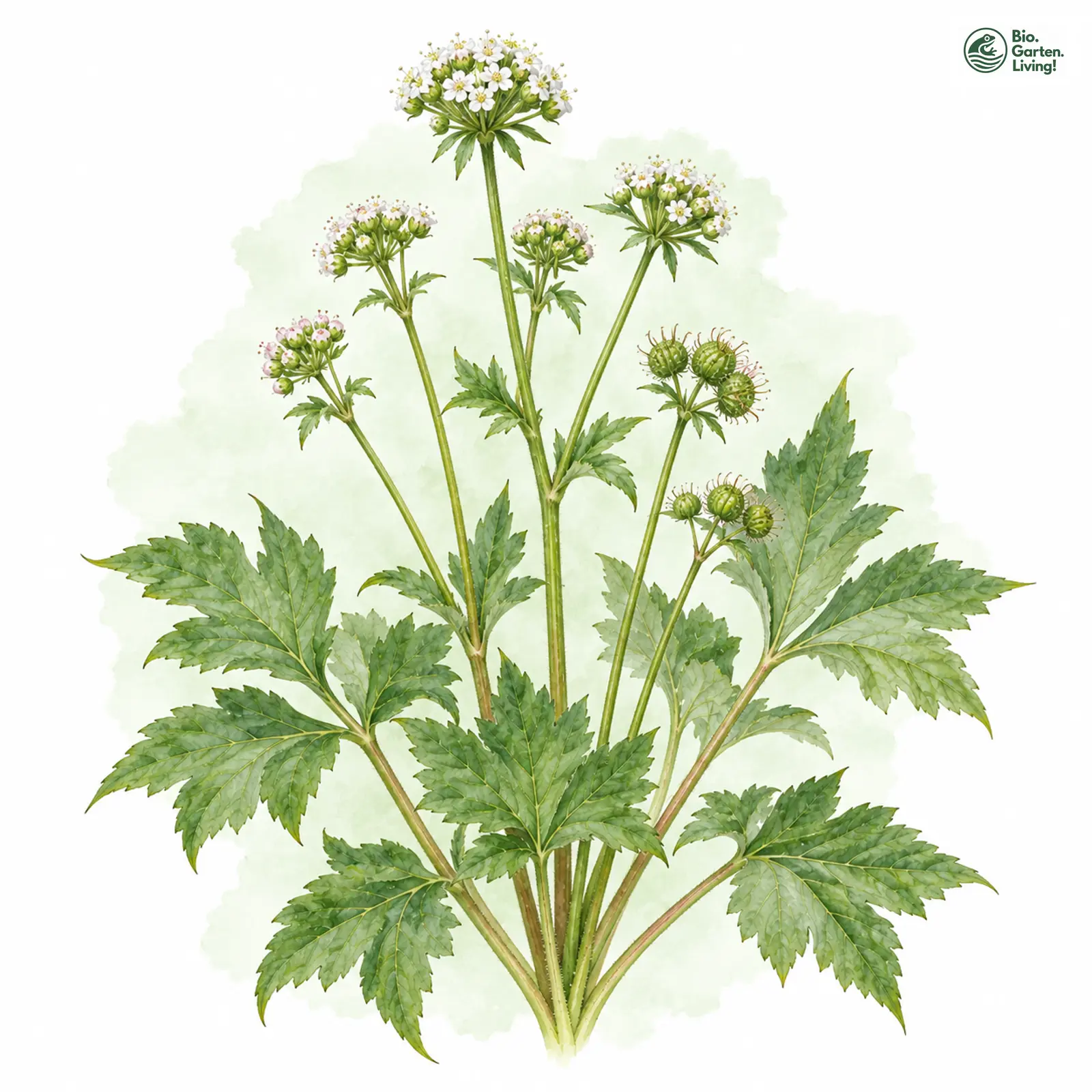 Aquarellzeichnung: Wald-Sanikel (Sanicula europaea)