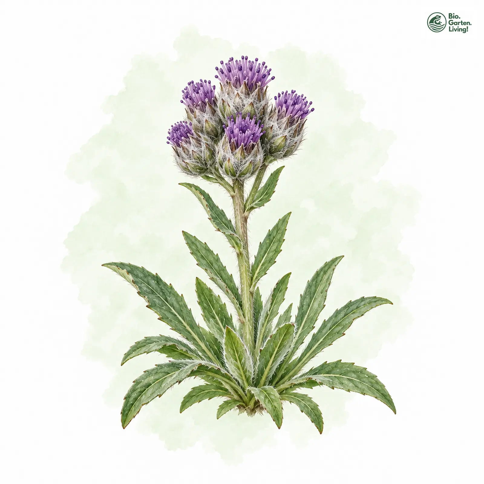 Aquarellzeichnung: Echte Alpenscharte (Saussurea alpina)