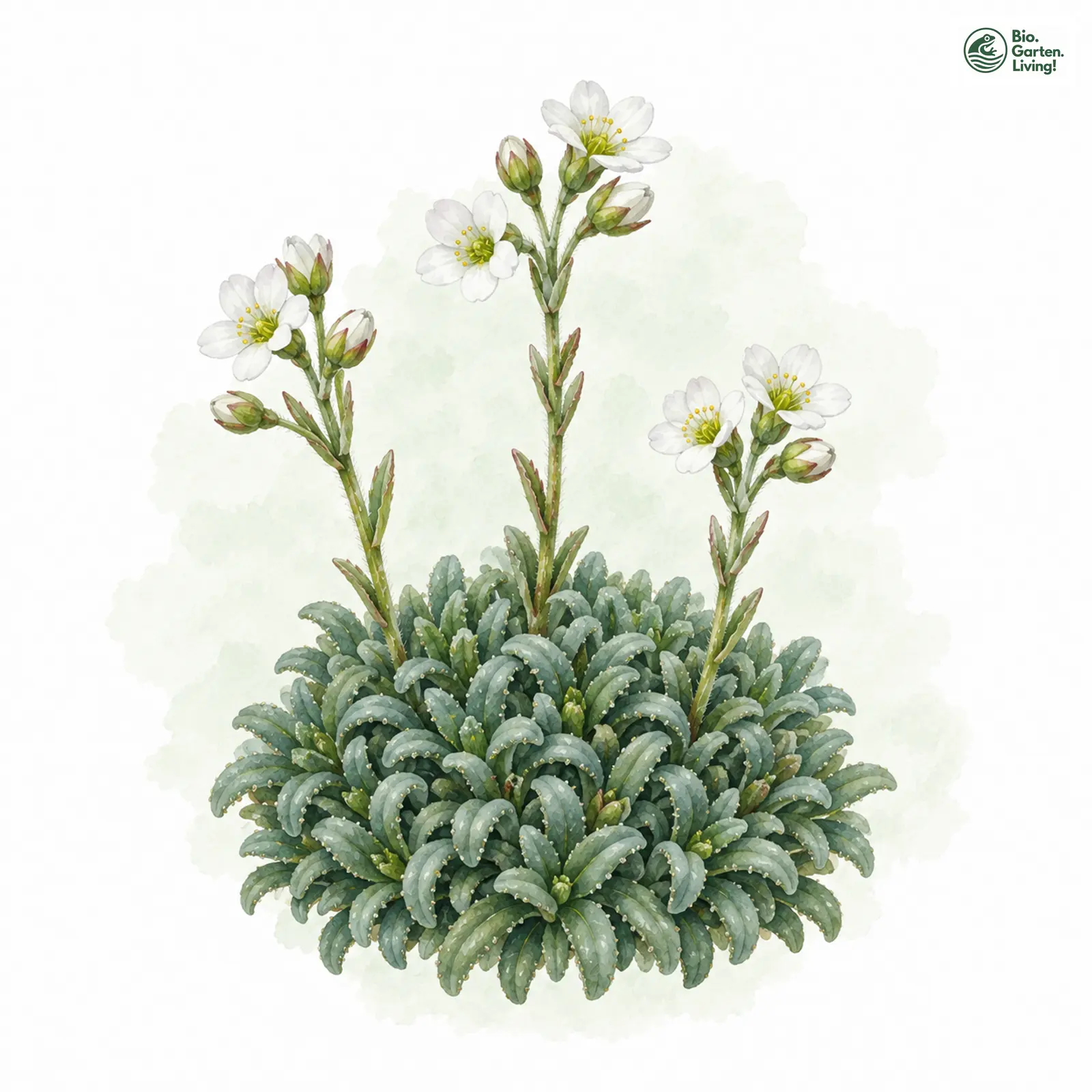 Aquarellzeichnung: Blaugrüner Steinbrech (Saxifraga caesia)