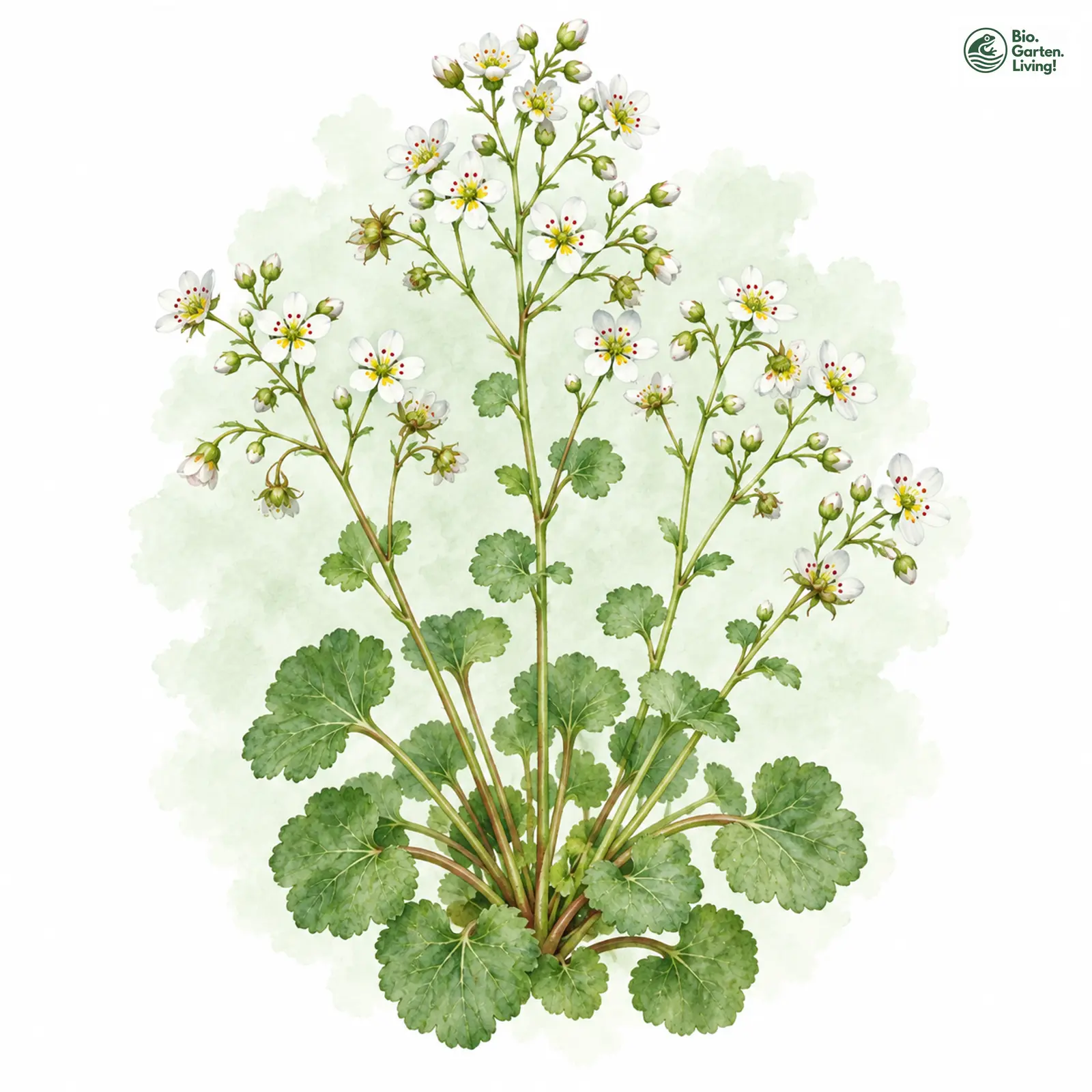Aquarellzeichnung: Rundblättriger Steinbrech (Saxifraga rotundifolia)