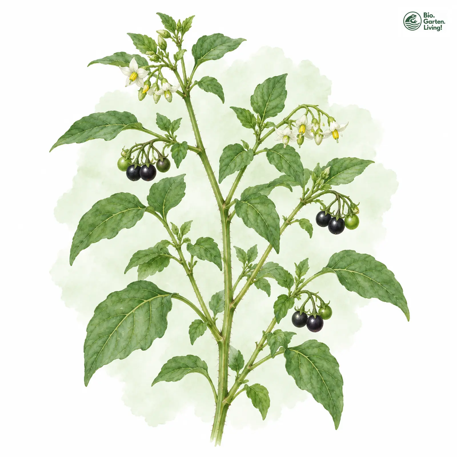 Aquarellzeichnung: Schwarzer Nachtschatten (Solanum nigrum (im engeren Sinne))