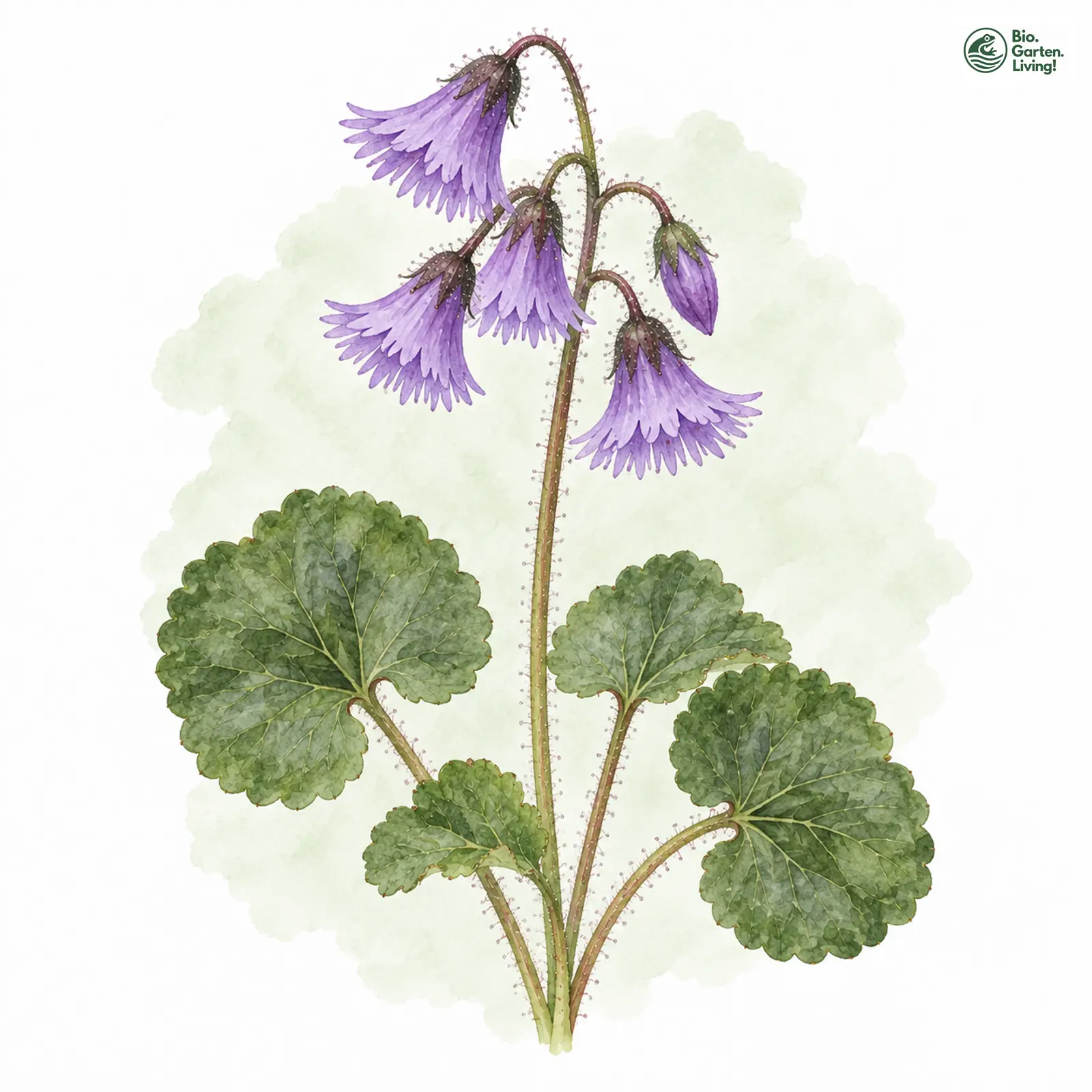 Aquarellzeichnung: Berg-Alpenglöckchen (Soldanella montana)
