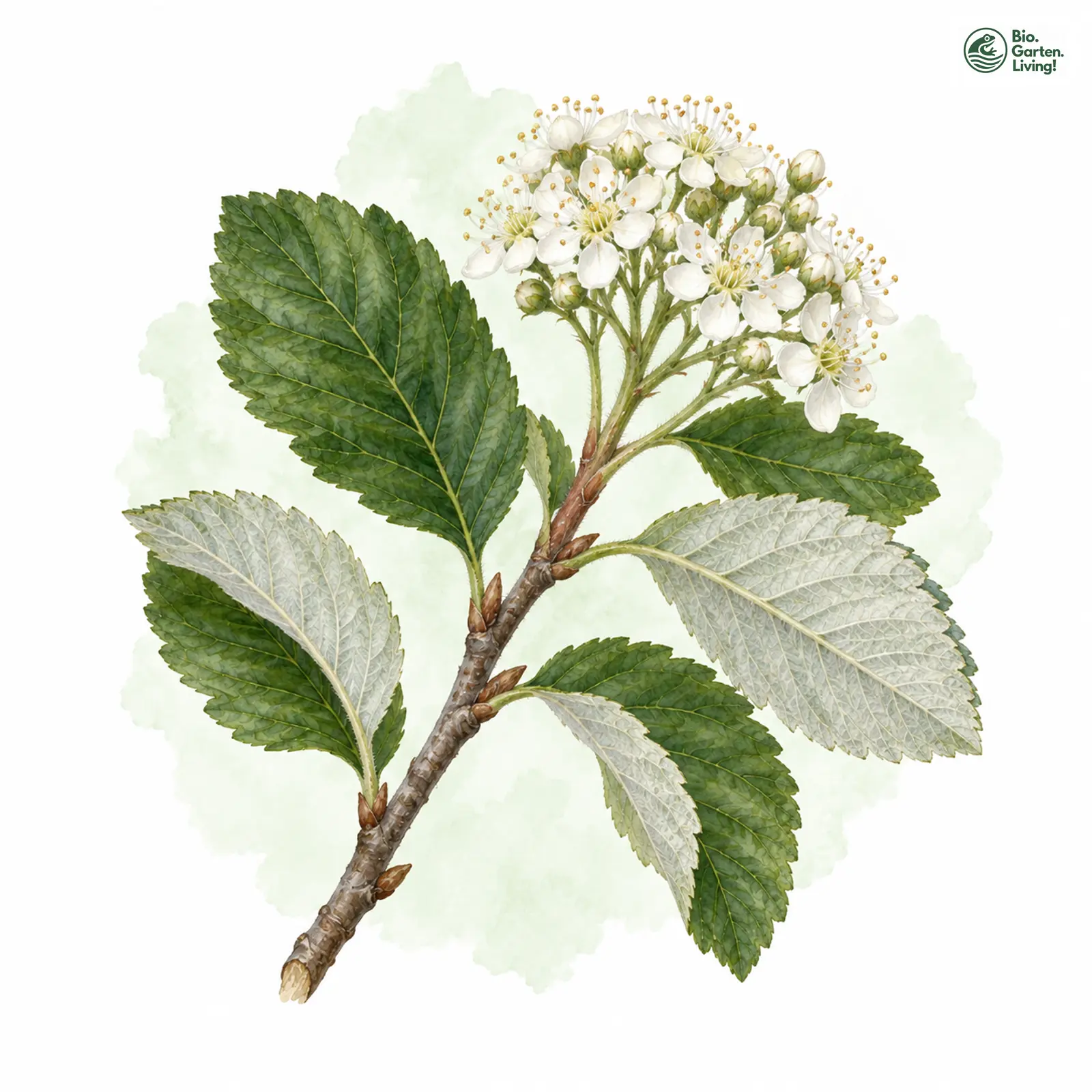 Aquarellzeichnung: Gewöhnliche Mehlbeere (Sorbus aria (im engeren Sinne))