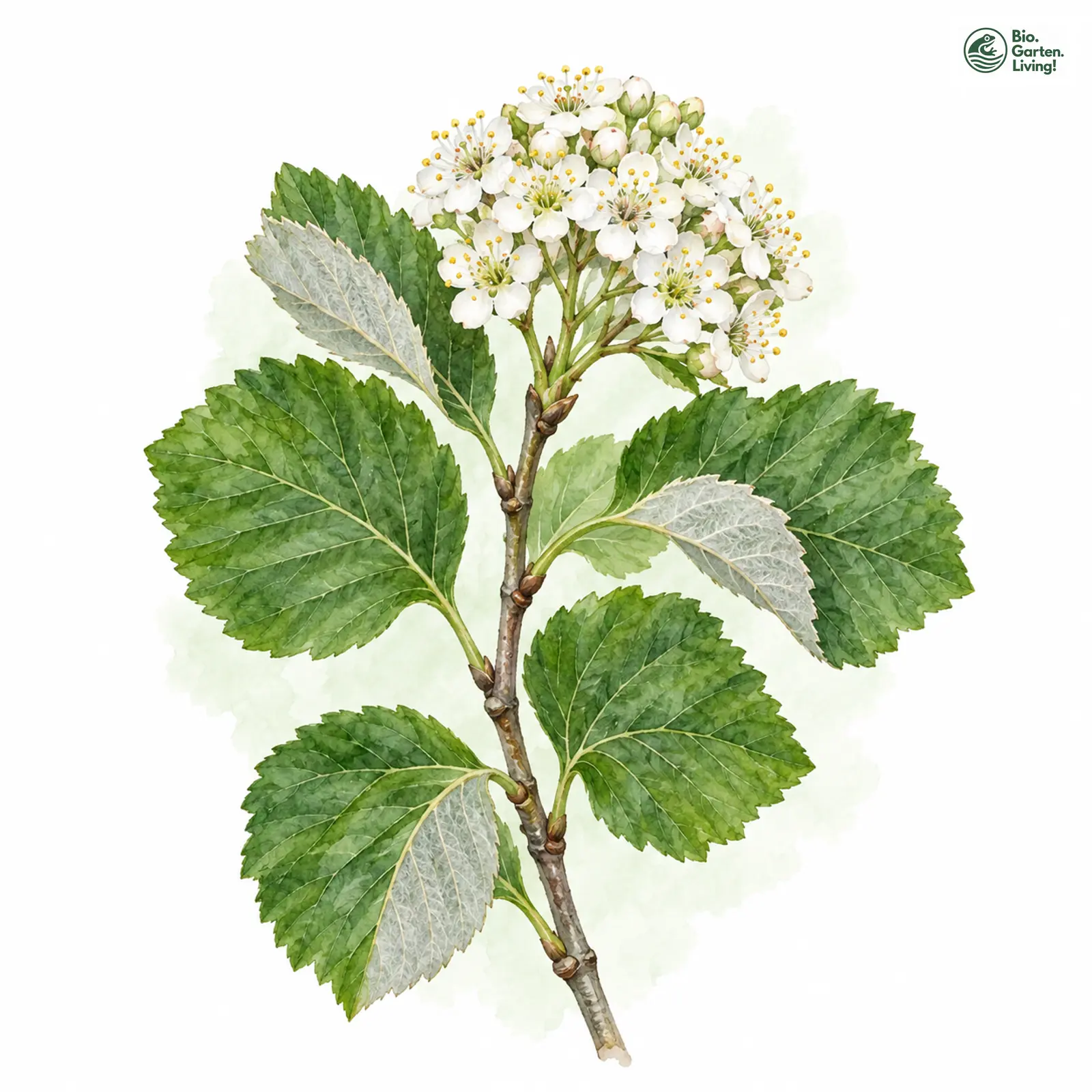 Aquarellzeichnung: Donau-Mehlbeere (Sorbus danubialis)