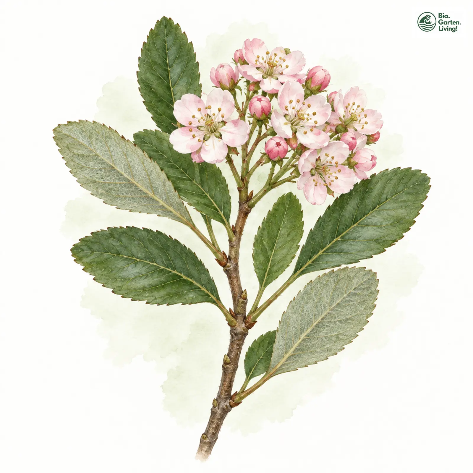 Aquarellzeichnung: Dörr-Zwerg-Mehlbeere (Sorbus doerriana)