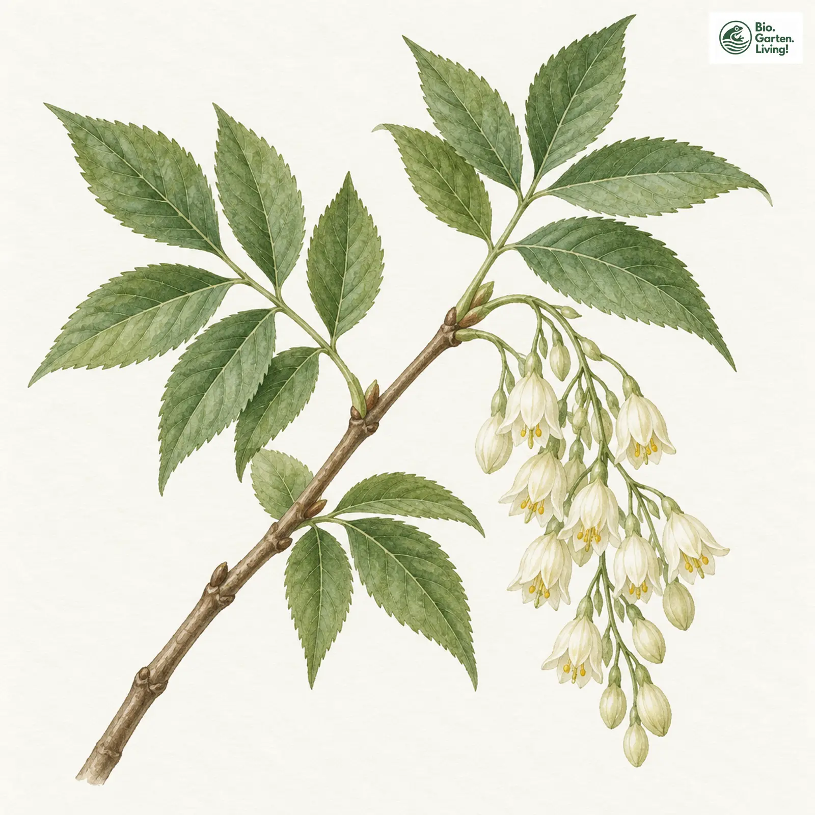 Aquarellzeichnung: Gefiederte Pimpernuss (Staphylea pinnata)