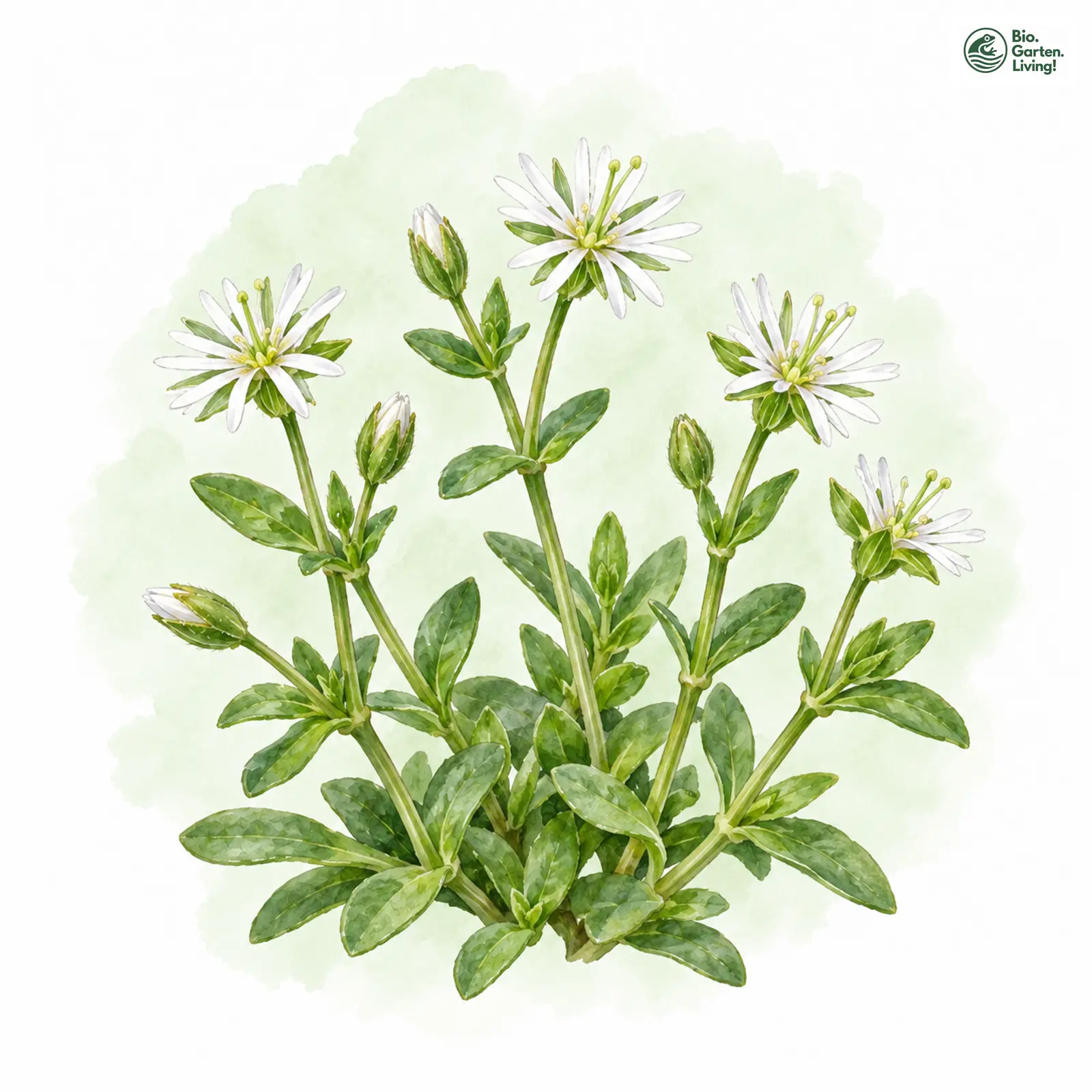 Aquarellzeichnung: Dickblättrige Sternmiere (Stellaria crassifolia)