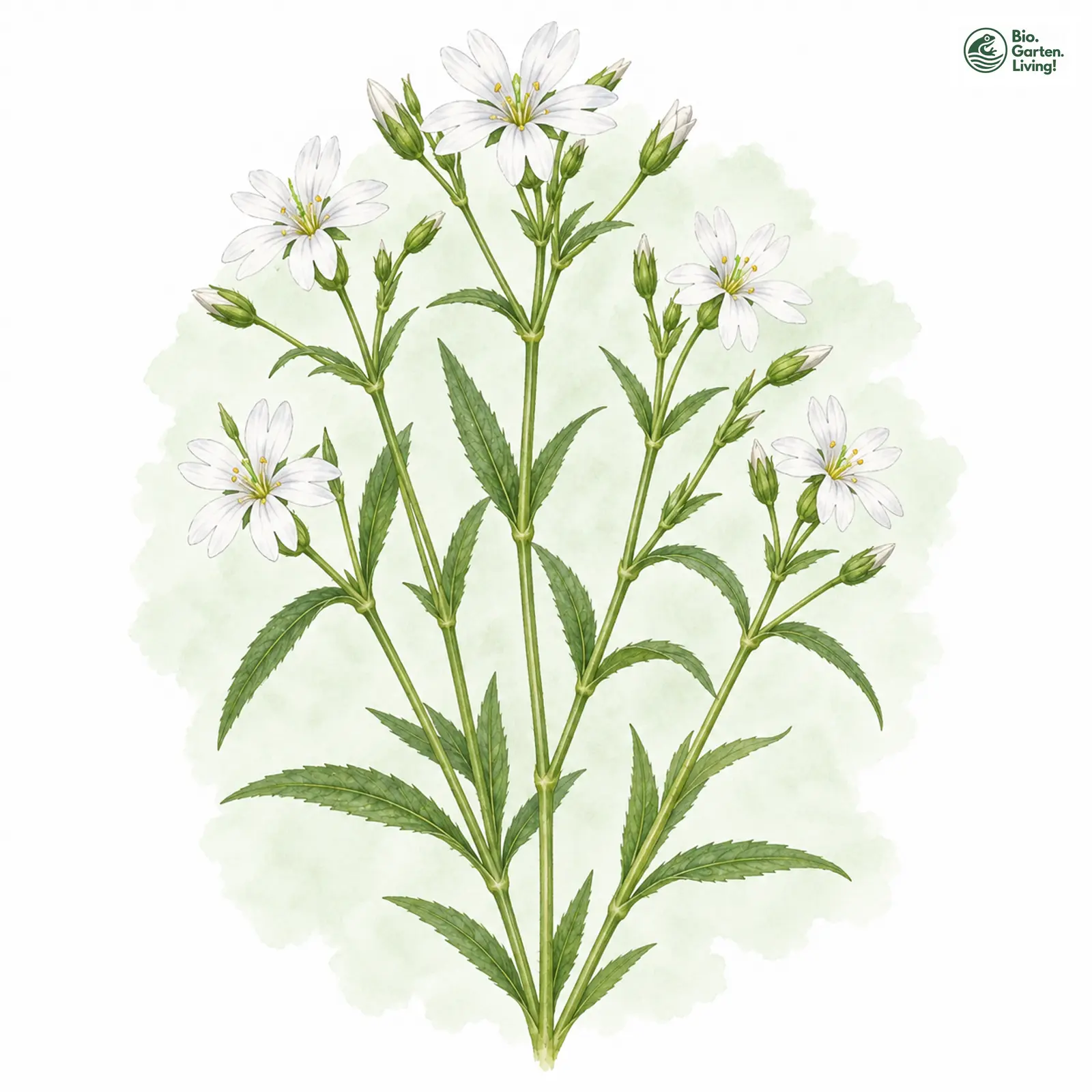 Aquarellzeichnung: Echte Sternmiere (Stellaria holostea)