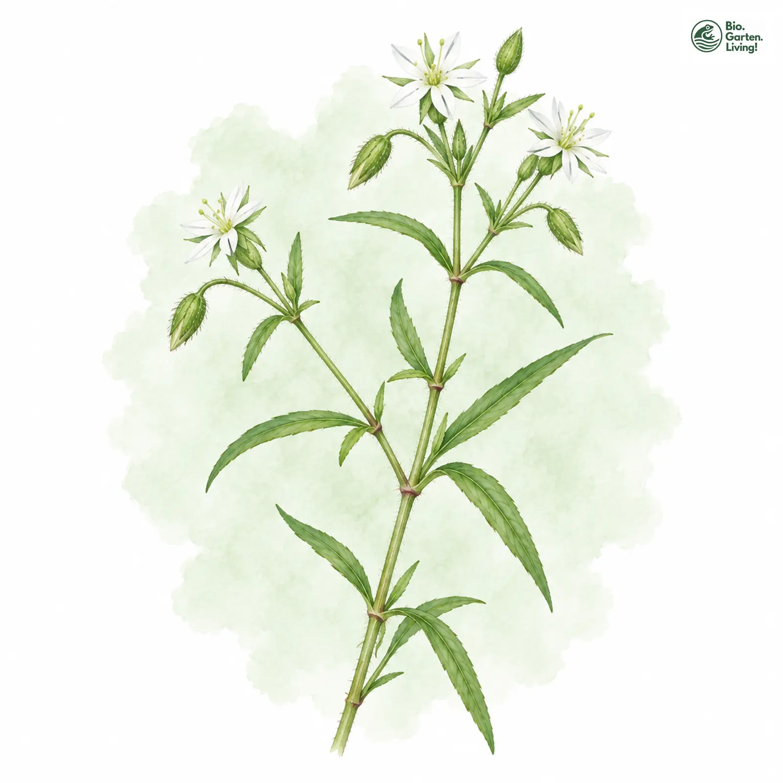 Aquarellzeichnung: Langblättrige Sternmiere (Stellaria longifolia)