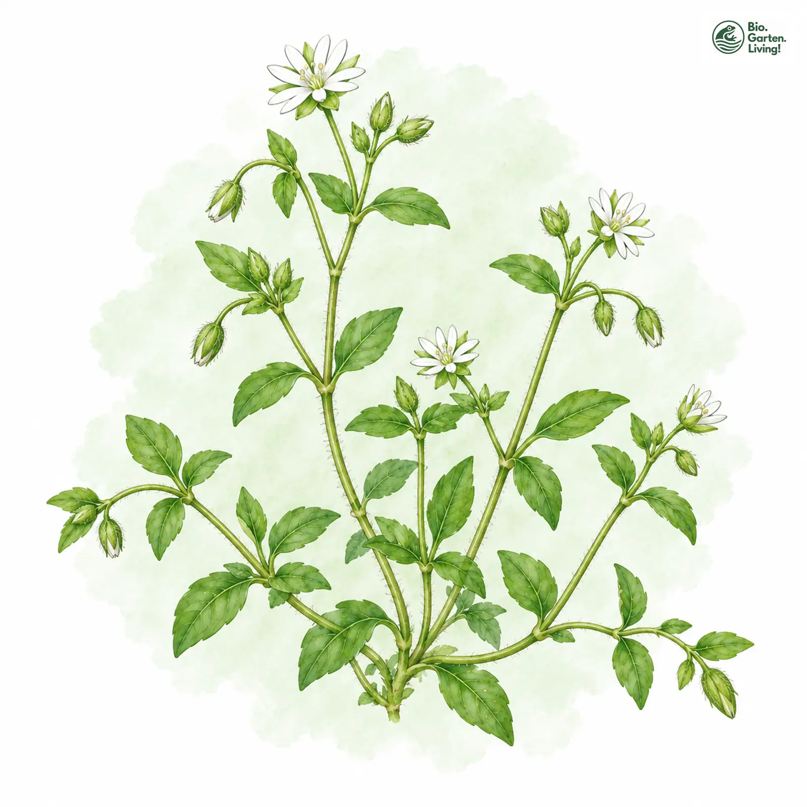 Aquarellzeichnung: Vogel-Sternmiere (Stellaria media (im engeren Sinne))