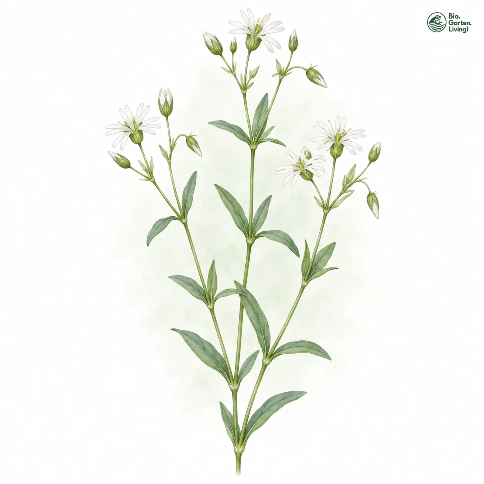 Aquarellzeichnung: Graugrüne Sternmiere (Stellaria palustris)