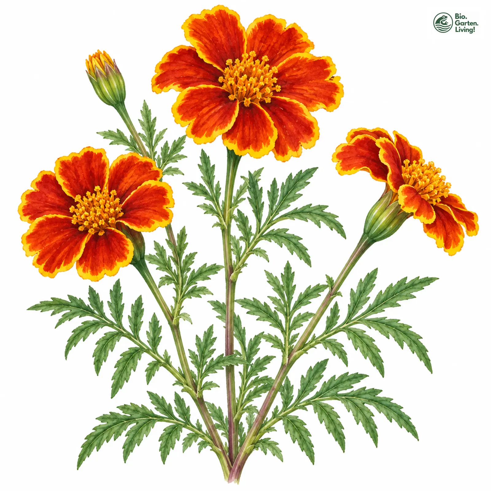 Aquarellzeichnung: Niedrige Studentenblume (Tagetes patula)