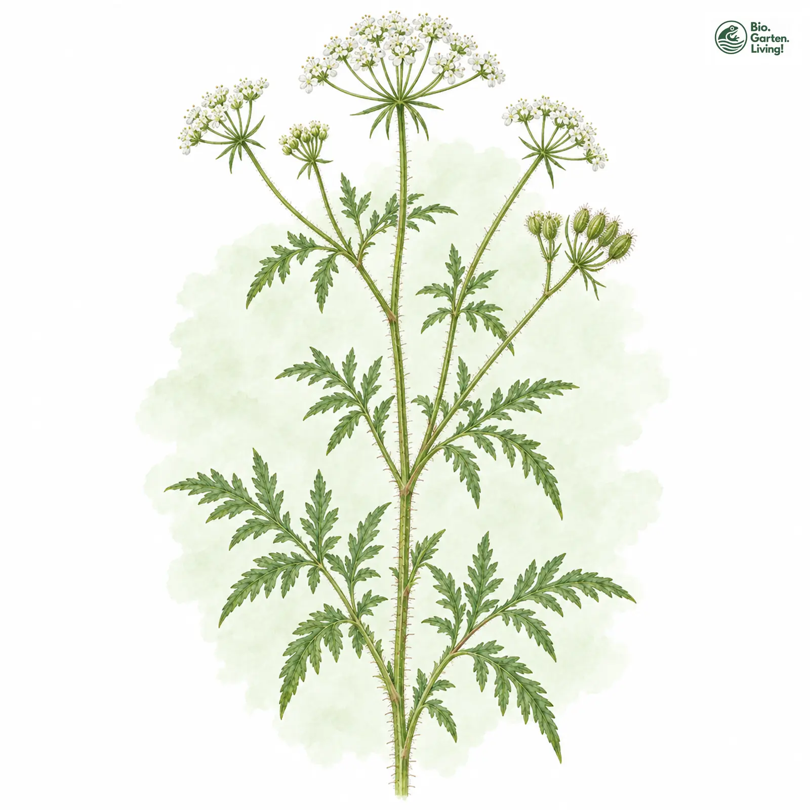 Aquarellzeichnung: Gewöhnlicher Klettenkerbel (Torilis japonica)