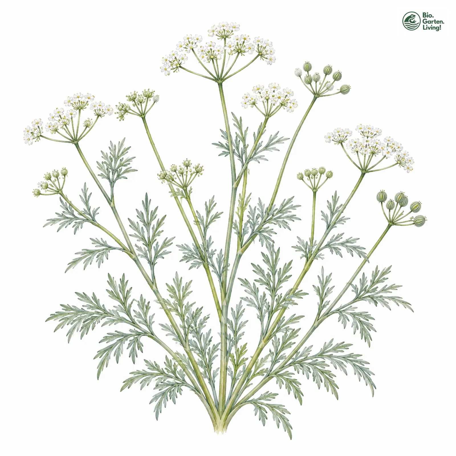 Aquarellzeichnung: Blaugrüner Faserschirm (Trinia glauca)
