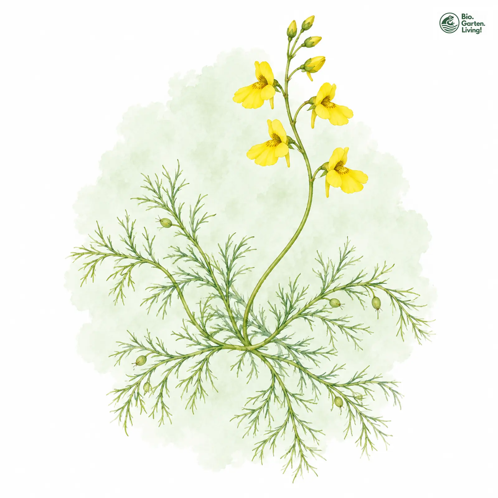 Aquarellzeichnung: Südlicher Wasserschlauch (Utricularia australis)