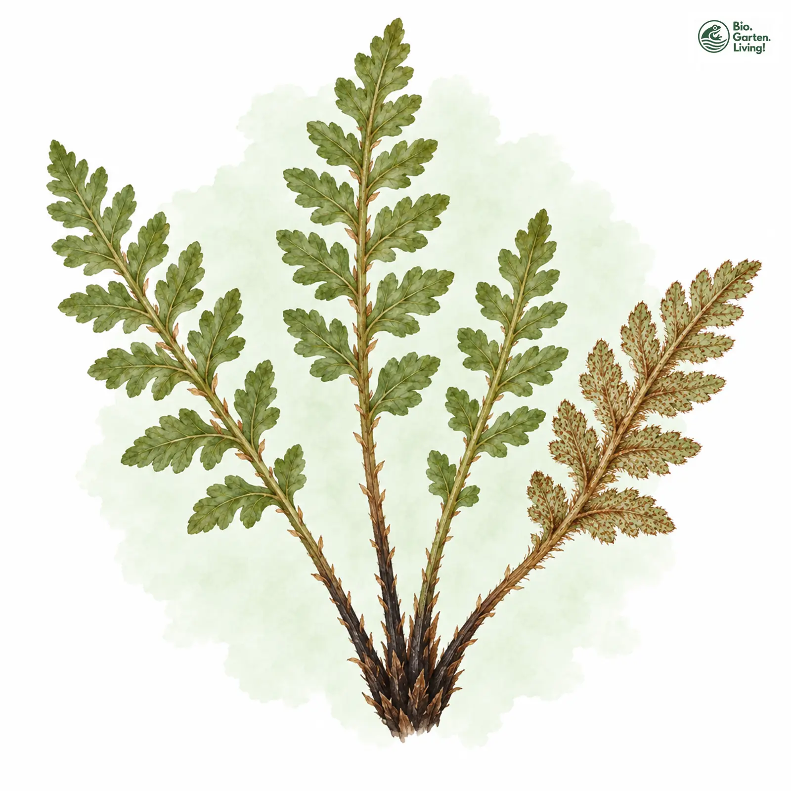 Aquarellzeichnung: Rostroter Wimperfarn (Woodsia ilvensis)