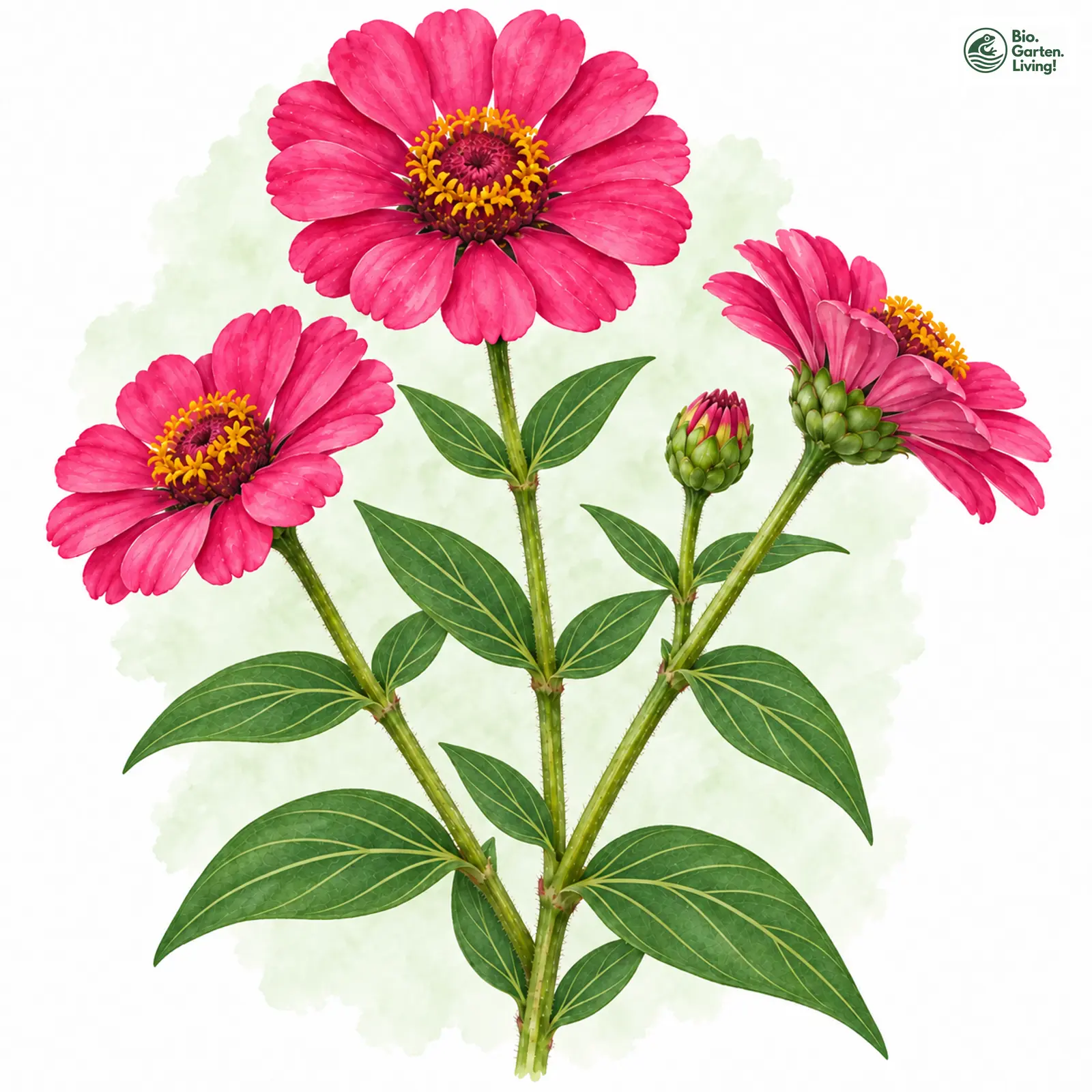 Aquarellzeichnung: Garten-Zinnie (Zinnia elegans)