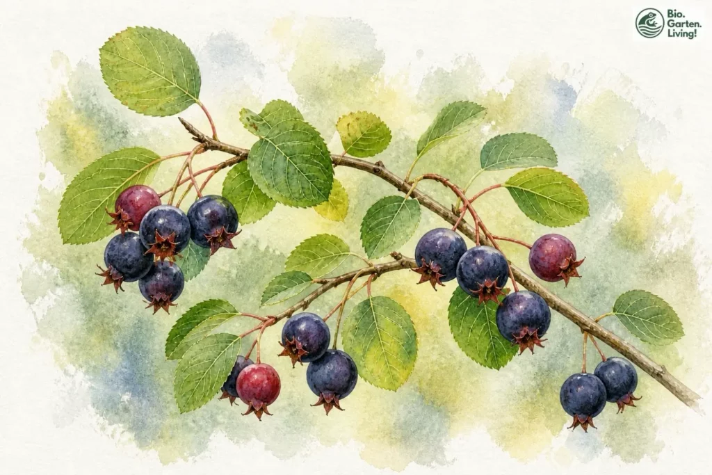 Aquarell reifer blau-schwarzer und heranreifender roter Früchte der Echten Felsenbirne (Amelanchier ovalis) an einem belaubten Zweig.