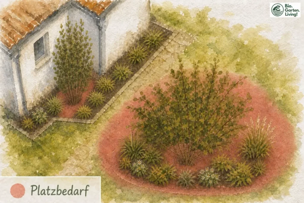 Aquarellvergleich des Platzbedarfs der Echten Felsenbirne und der Säulen-Felsenbirne ‘Obelisk’; rote Flächen markieren die spätere Wuchsbreite.