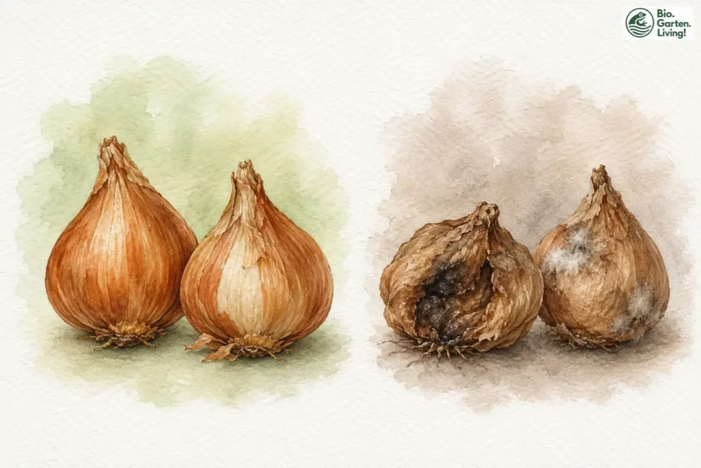 Aquarell mit festen gesunden und weichen schimmelnden Blumenzwiebeln