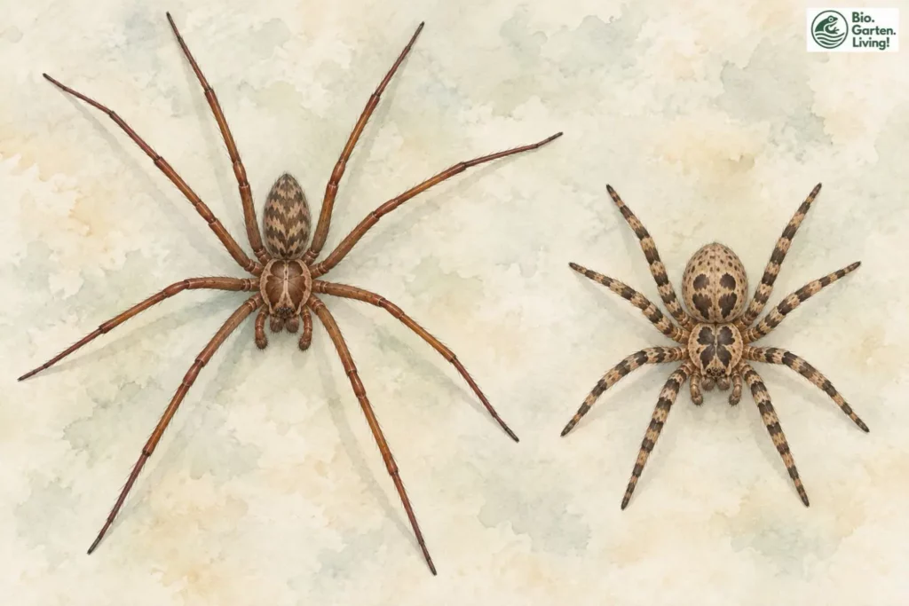 Große Winkelspinne mit langen Beinen neben einer kleineren Nosferatu-Spinne, Aquarell