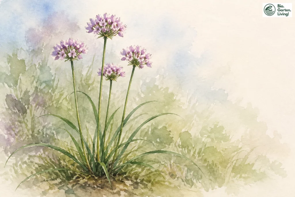 Aquarell des Kanten-Lauchs (Allium angulosum) mit hellvioletten Blütendolden.