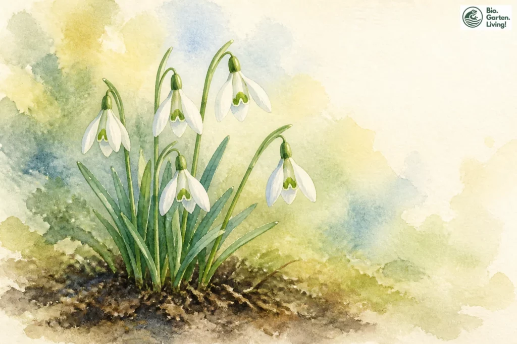 Aquarell des Kleinen Schneeglöckchens (Galanthus nivalis) mit weißen Blüten und schmalen grünen Blättern.