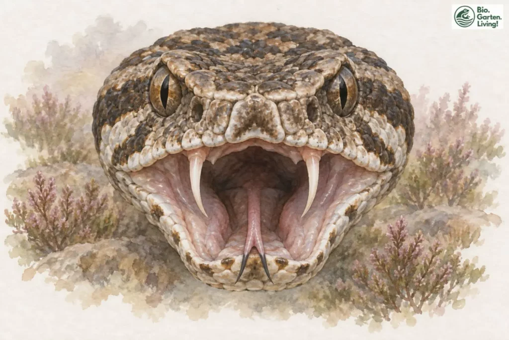 Aquarell des geöffneten Mauls einer Kreuzotter mit zwei Giftzähnen