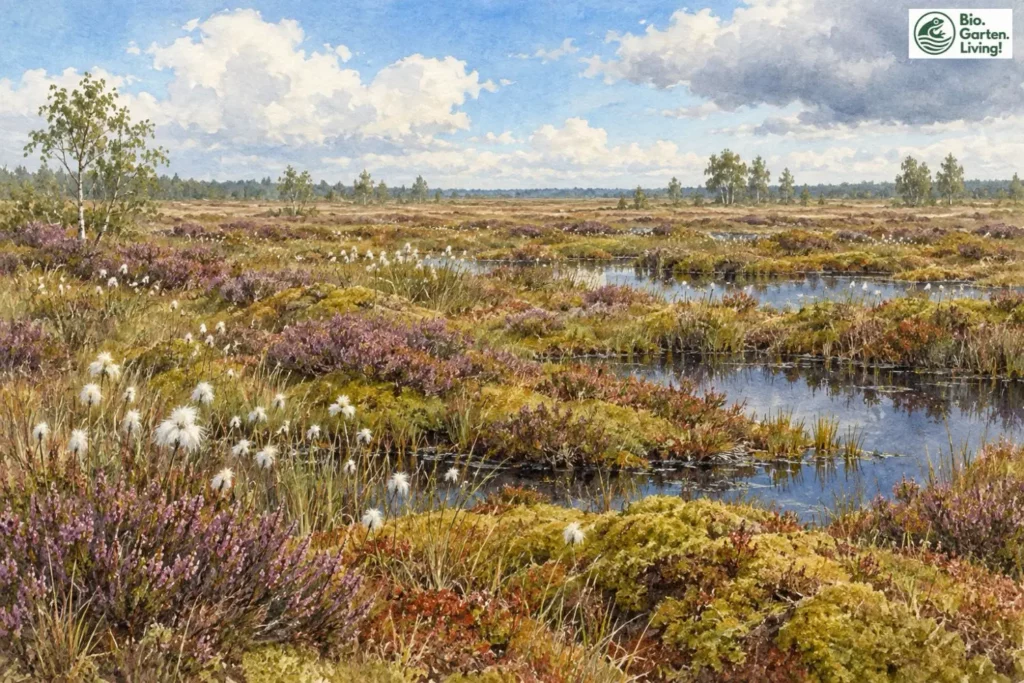 Aquarell eines Moors mit Heidekraut, Wollgras und flachen Wasserflächen