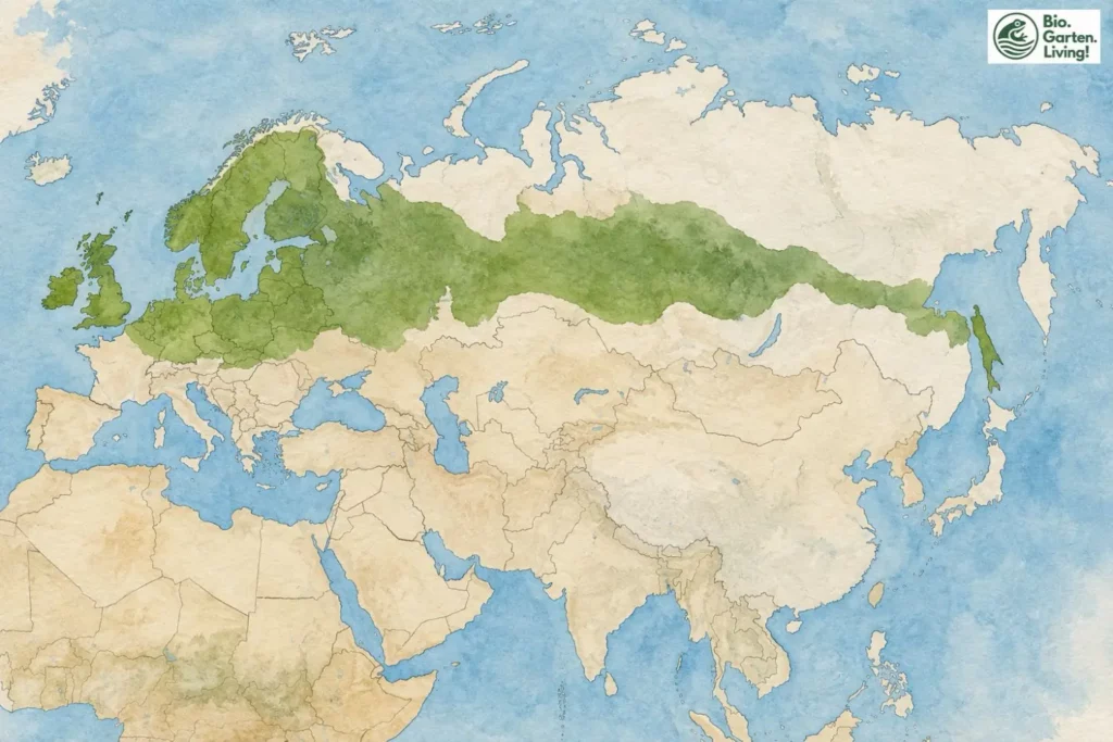 Schematische Aquarellkarte des Verbreitungsgebiets der Kreuzotter in Europa und Asien