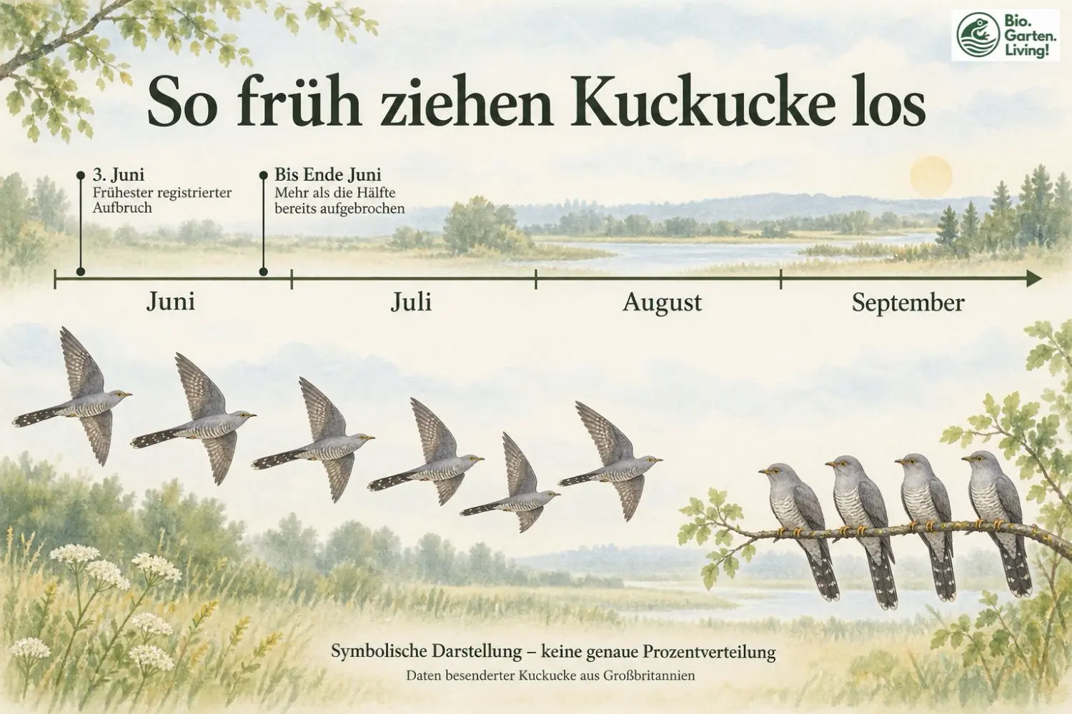 Zeitleiste zum Kuckuckzug aus Großbritannien: frühester Aufbruch am 3. Juni, mehr als die Hälfte bis Ende Juni; Vogeldarstellung symbolisch.