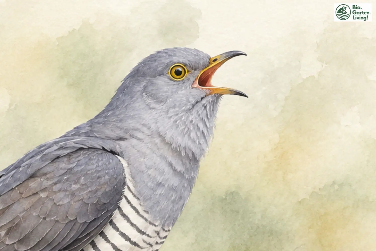 Rufendes Kuckucksmännchen mit geöffnetem Schnabel in einer Aquarellillustration.