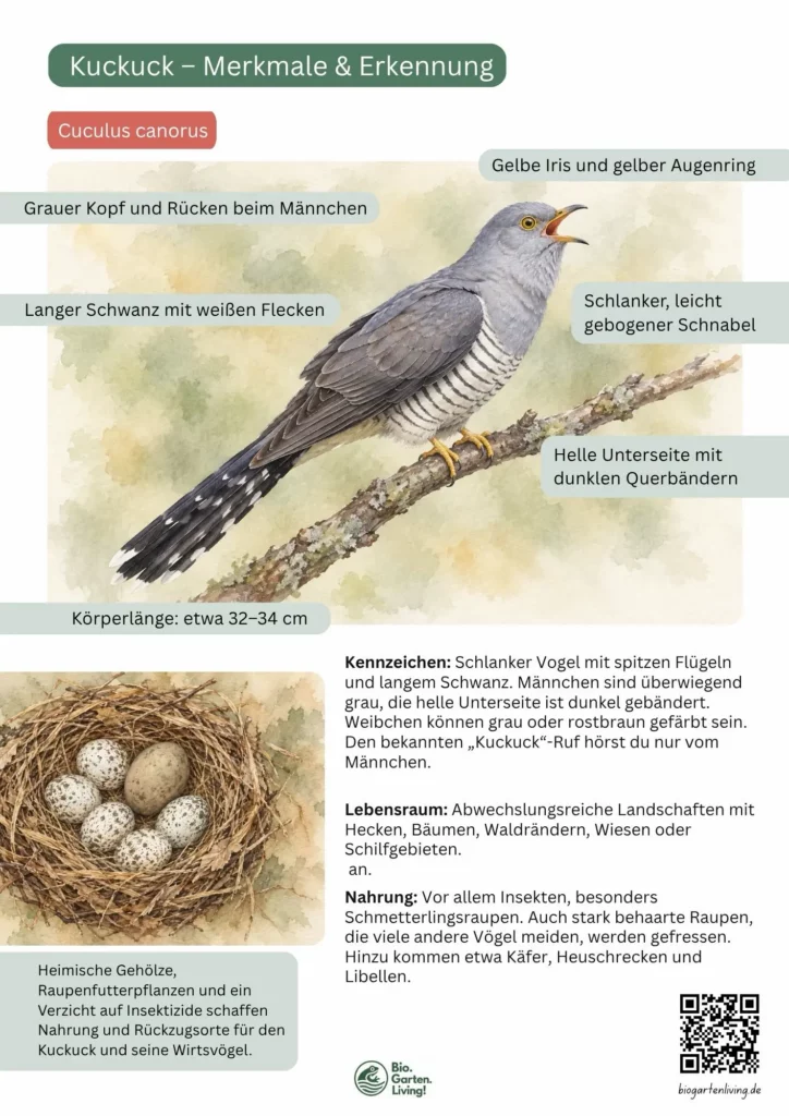Steckbrief des Kuckucks mit Aquarellillustrationen, beschrifteten Erkennungsmerkmalen und Angaben zu Lebensraum, Nahrung und Gefährdung.
