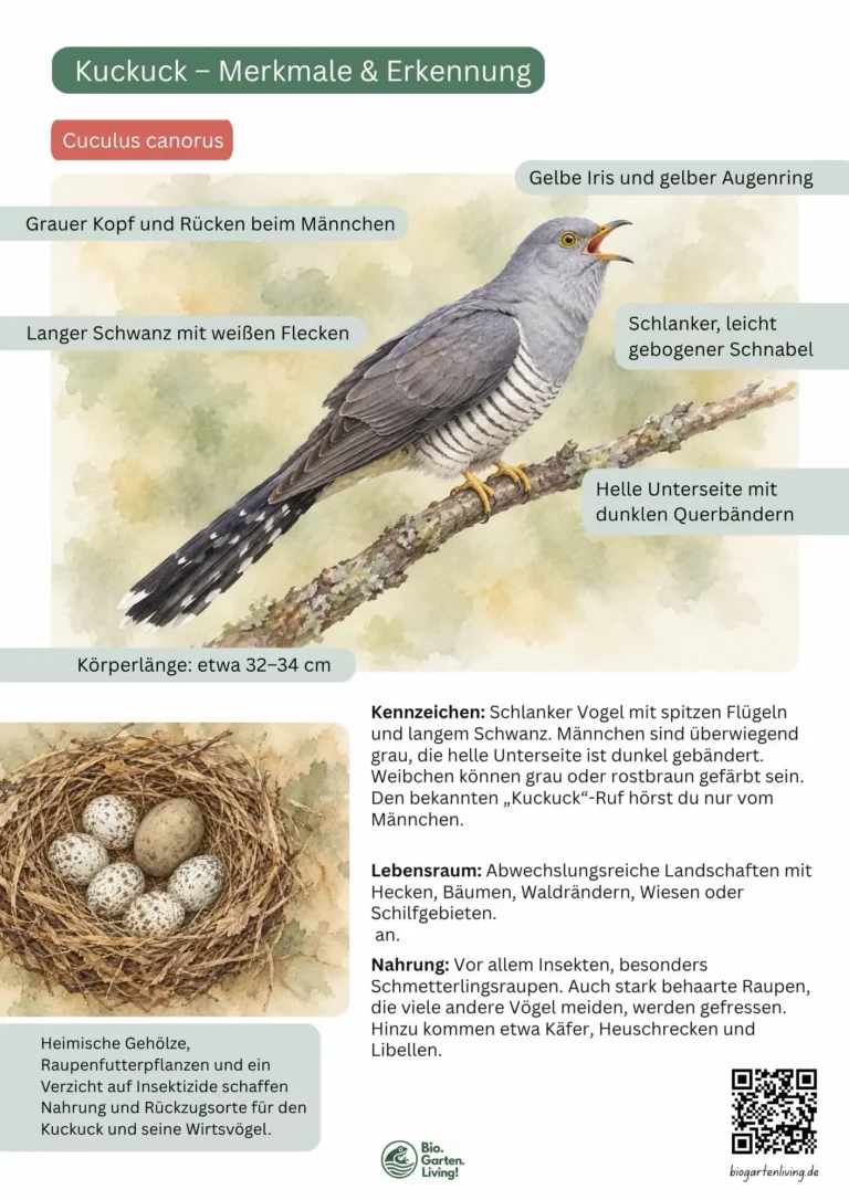Steckbrief des Kuckucks mit Erkennungsmerkmalen, Lebensraum, Nahrung und Brutverhalten als PDF zum Herunterladen.