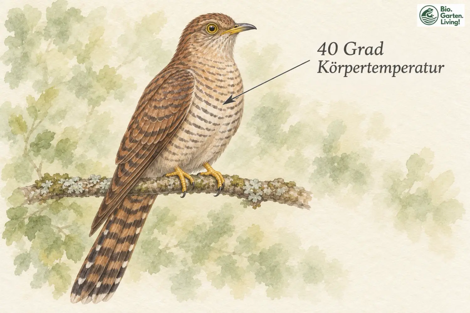 Rostbraunes Kuckucksweibchen mit Pfeil zum Körper und der Aufschrift „40 Grad Körpertemperatur“.