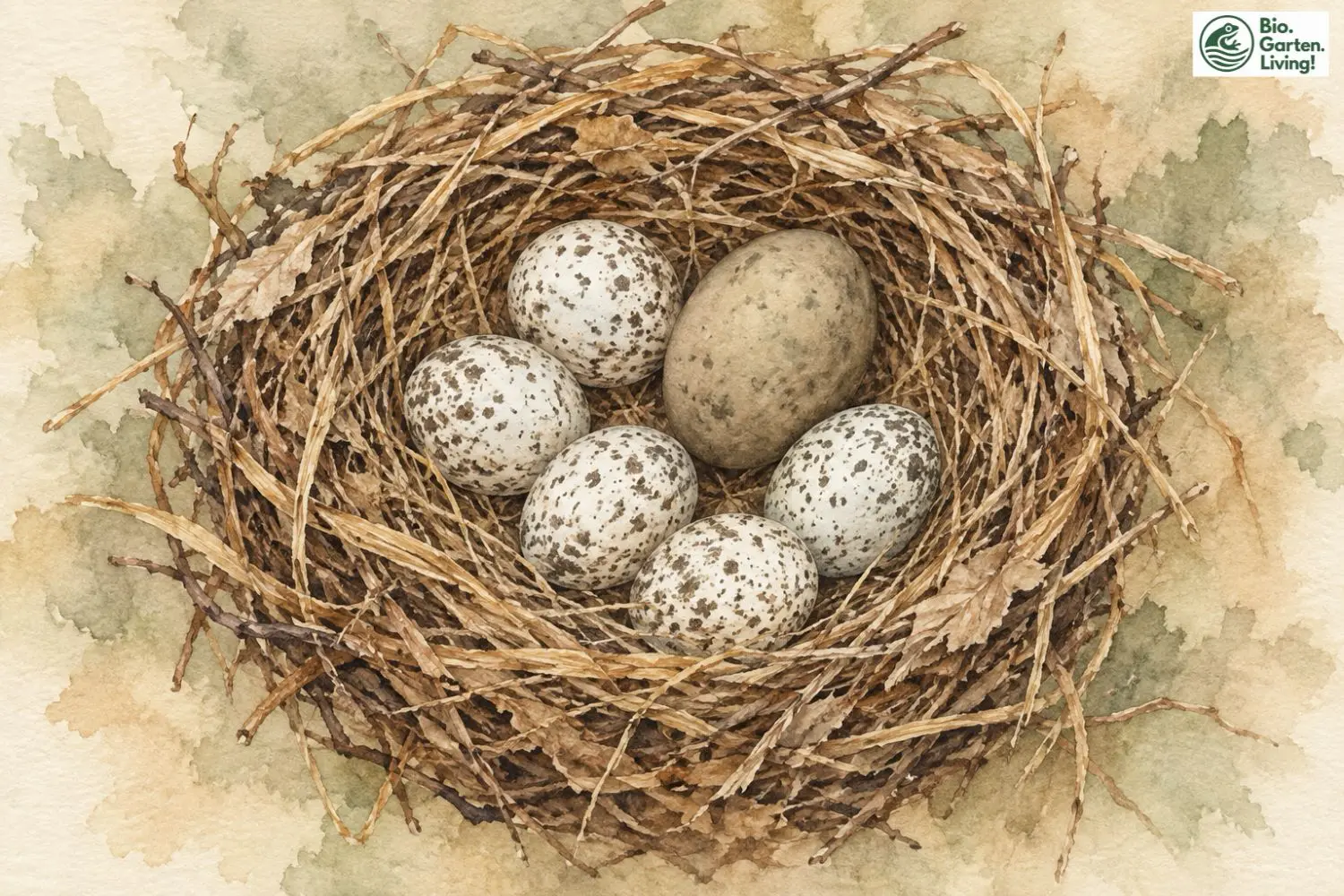 Aquarell eines Vogelnests mit fünf gesprenkelten Eiern und einem größeren, anders gefärbten Kuckucksei.