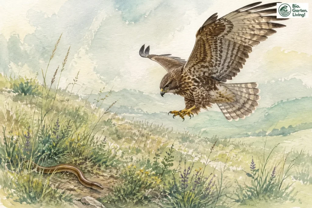 Mäusebussard nähert sich einer Blindschleiche in einer Wiese
