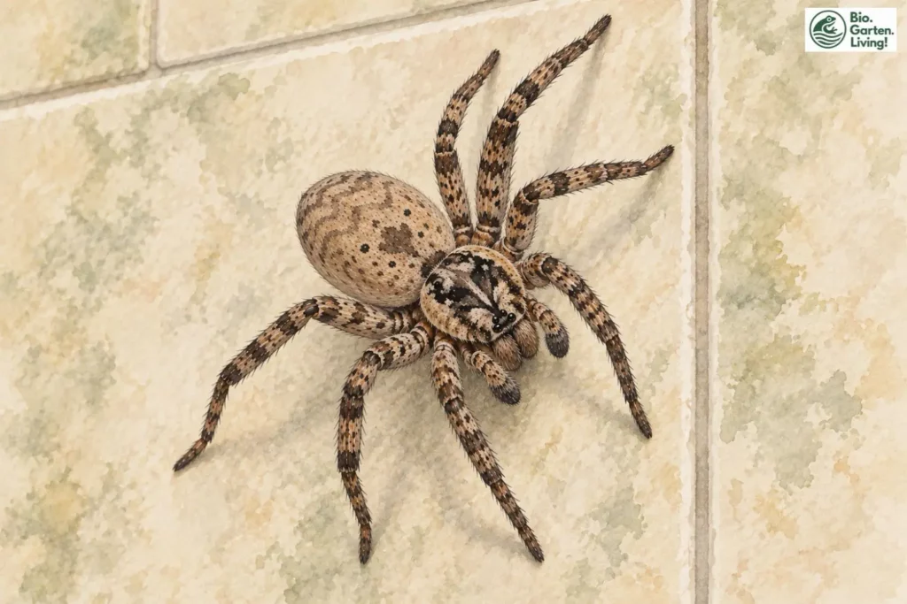 Nosferatu-Spinne läuft über eine helle gekachelte Wand, Aquarell