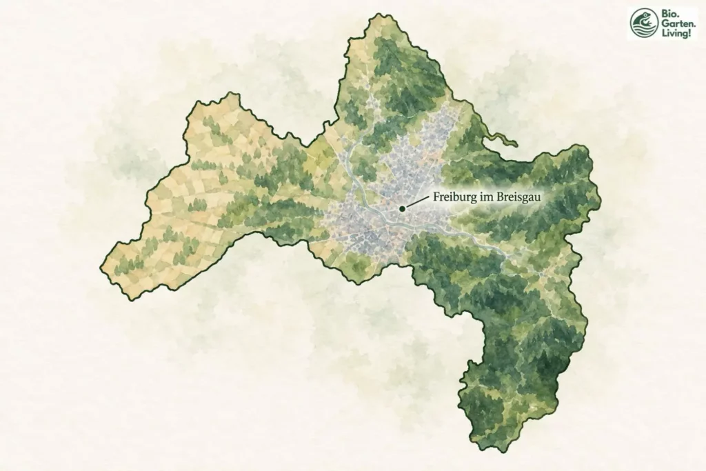 Aquarellkarte von Freiburg im Breisgau mit markierter Lage der Stadt