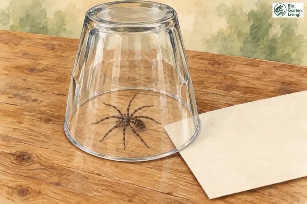 Nosferatu-Spinne unter einem umgedrehten Glas, daneben wird ein Stück Papier unter den Glasrand geschoben
