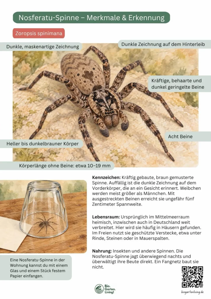 Steckbrief der Nosferatu-Spinne mit Aquarellillustrationen, beschrifteten Erkennungsmerkmalen und Angaben zu Lebensraum, Nahrung und Umgang mit der Spinne.