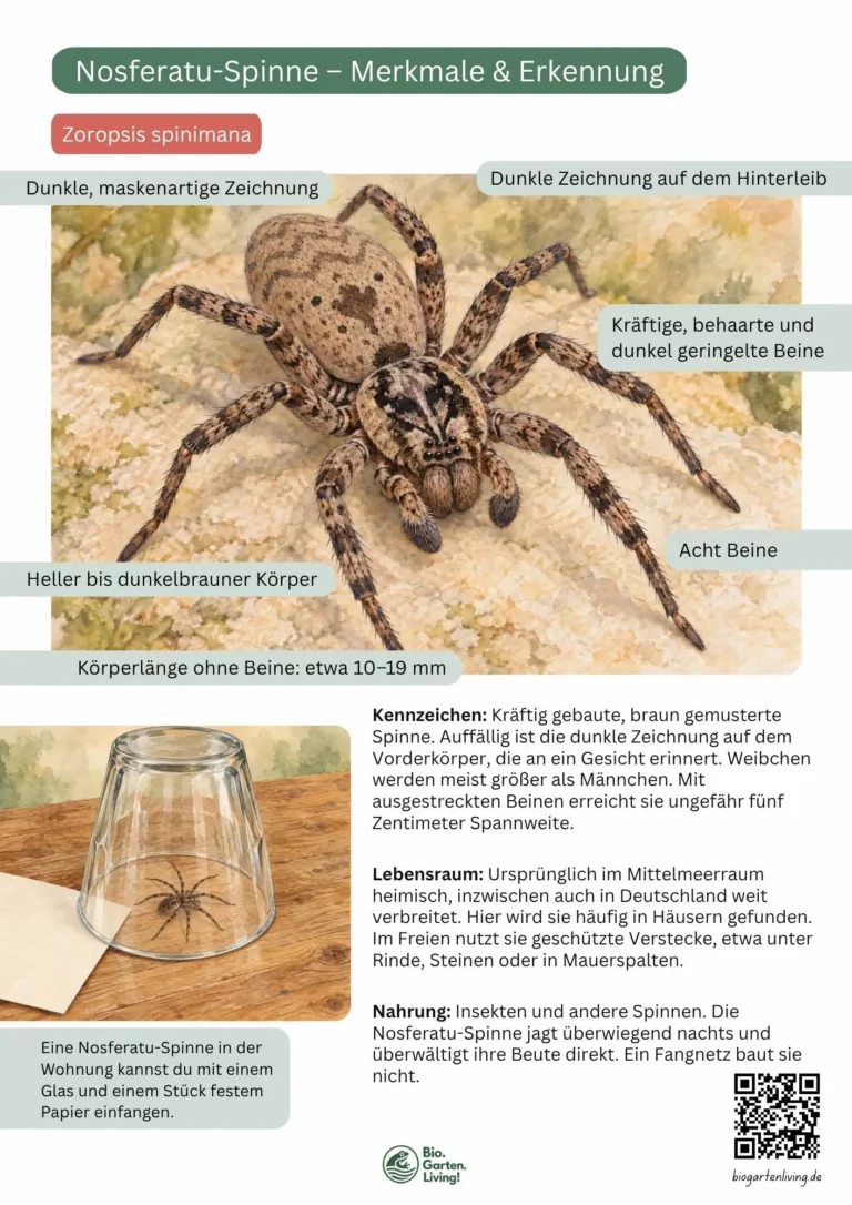 Steckbrief der Nosferatu-Spinne mit Erkennungsmerkmalen, Körperbau, Lebensraum, Nahrung und Verhalten als PDF zum Herunterladen.