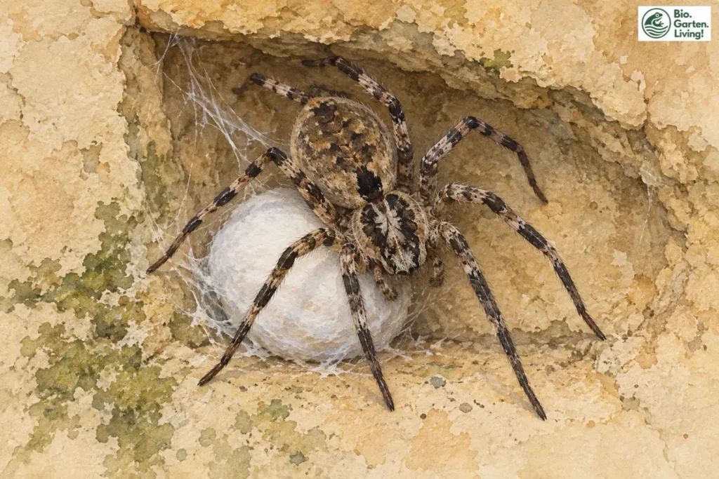Nosferatu-Spinne sitzt neben einem weißen Eikokon in einer Mauernische, Aquarell