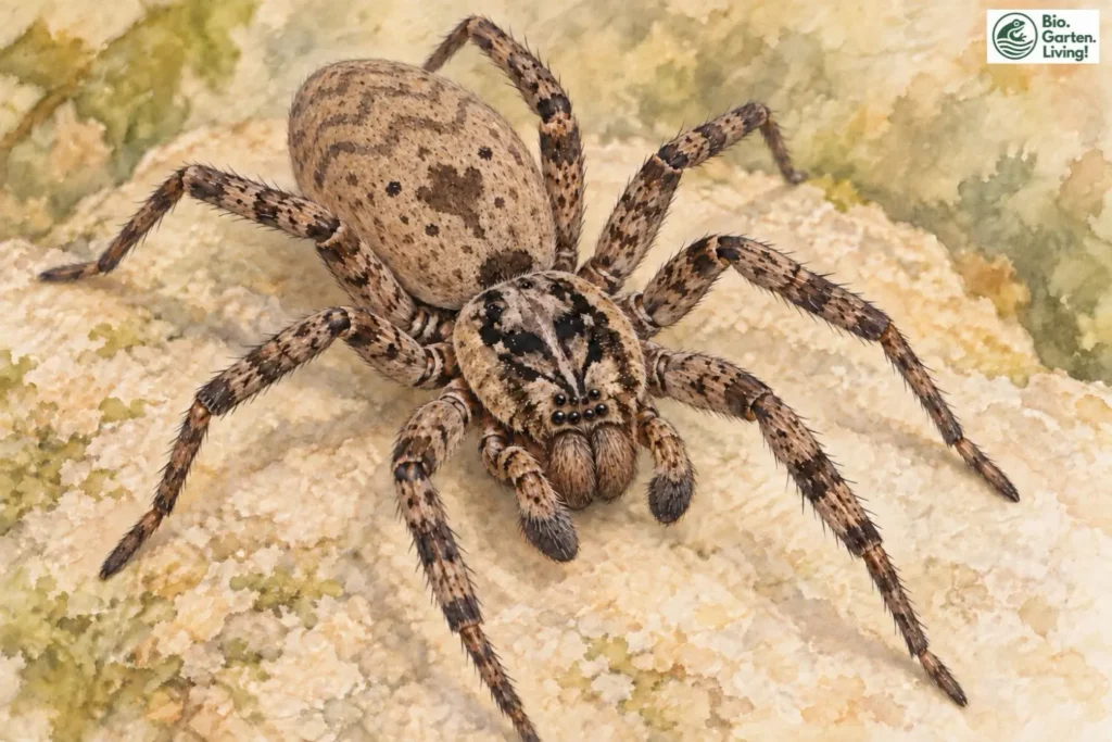 Aquarell einer Nosferatu-Spinne von oben mit dunkler Zeichnung auf dem Vorderkörper