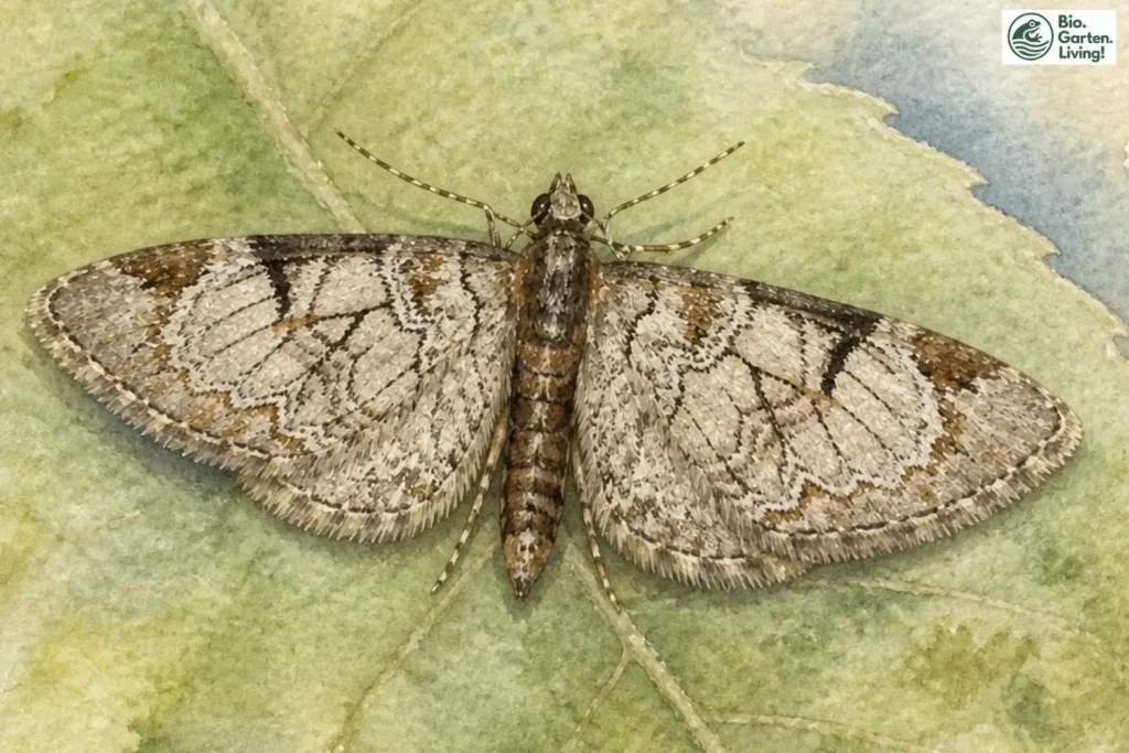 Aquarell des Obsthain-Blütenspanners (Eupithecia insigniata) mit ausgebreiteten Flügeln auf einem Blatt.