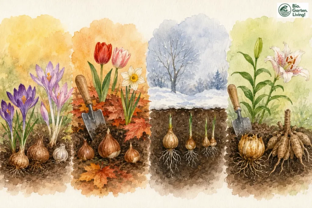 Aquarell mit Pflanzzeiten für Zwiebel- und Knollenpflanzen von Herbst bis Frühjahr