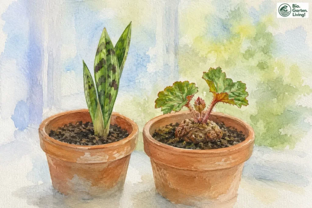 Aquarell von frostempfindlichen Sommerblühern beim Vortreiben in Töpfen