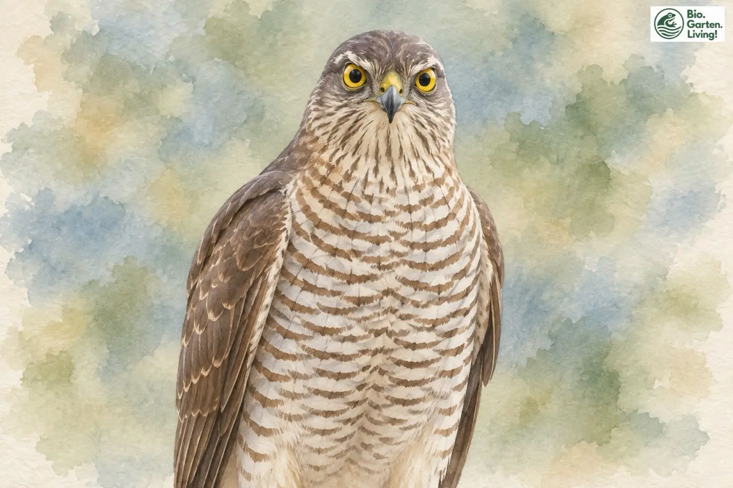 Sperber von vorne mit gelben Augen und quer gebänderter Brust als Aquarell.